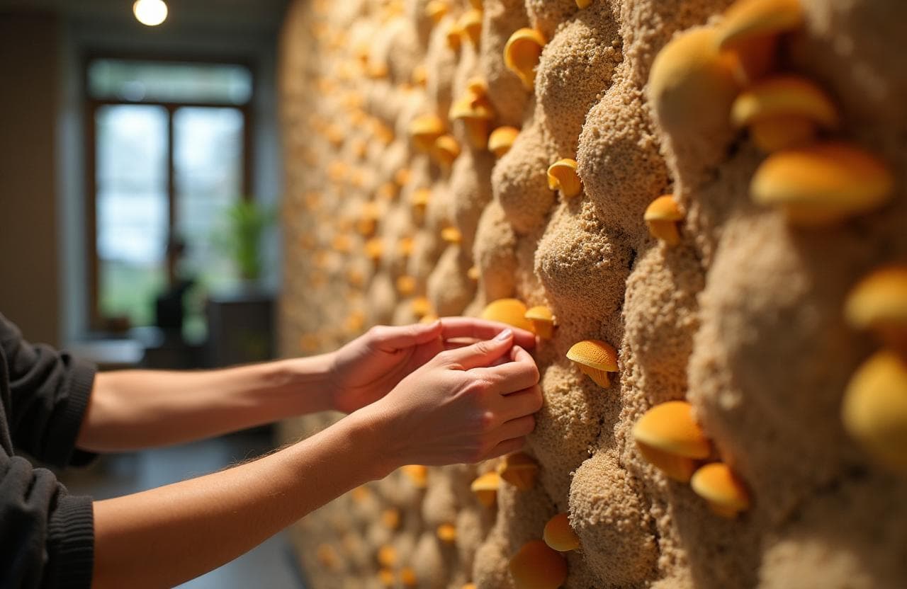 Artisan hands carefully working with sustainable mycelium material during Taftirium acoustic panel manufacturing process in Tel Aviv workshop